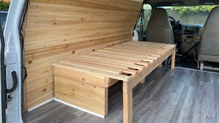 CAMPER VAN BED BUILD  How to Slat Bed Build And Vinyl Floors GMC Safari Adventure Van Build EP 8 [upl. by Ylatan]